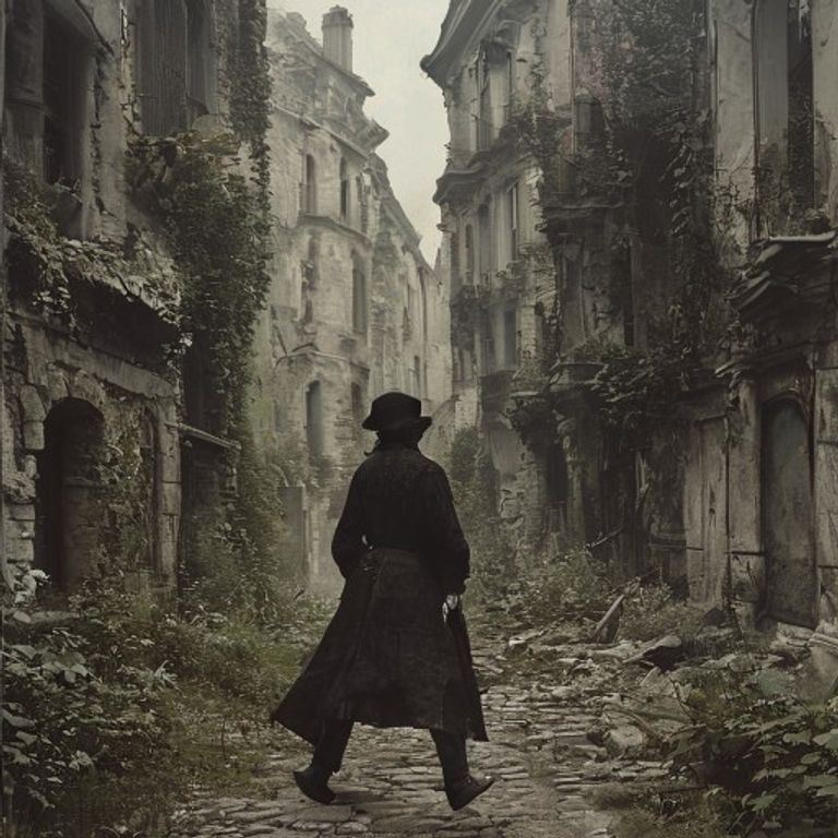 A Lone Figure Walks Through an Abandoned 19th Century City